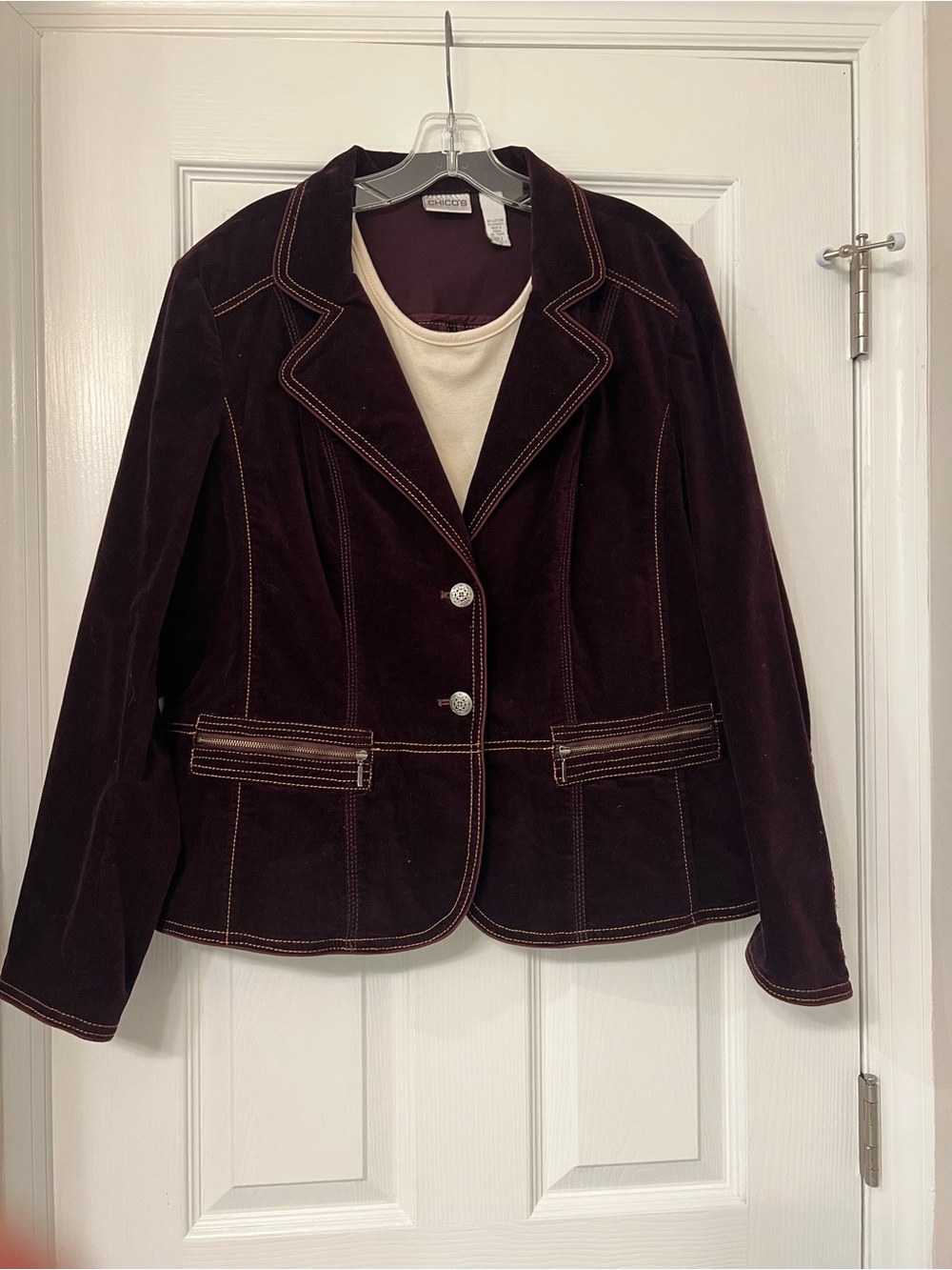 Chico's Dark Plum Velvet Blazer with Contrast Stitching